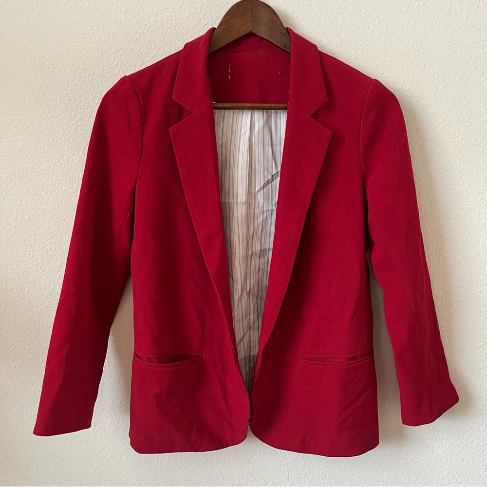 Free People Cherry Red Blazer Open Front Tailored Suit Jacket